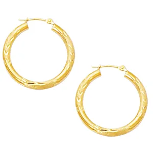 10k Yellow Gold Diamond Cut Design Round Shape Hoop Earrings, Diameter 25mm