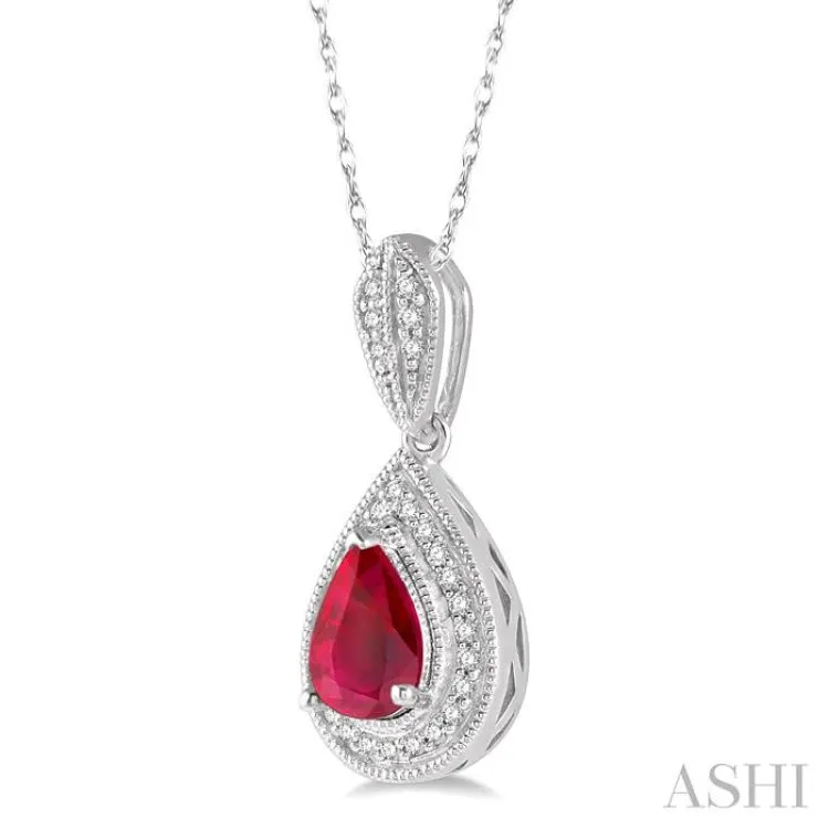 1/10 Ctw Pear Shape 6x4 MM Ruby & Round Cut Diamond Precious Pendant With Chain in 10K White Gold