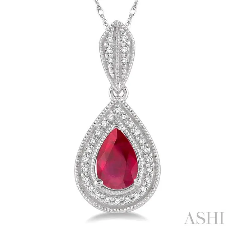 1/10 Ctw Pear Shape 6x4 MM Ruby & Round Cut Diamond Precious Pendant With Chain in 10K White Gold