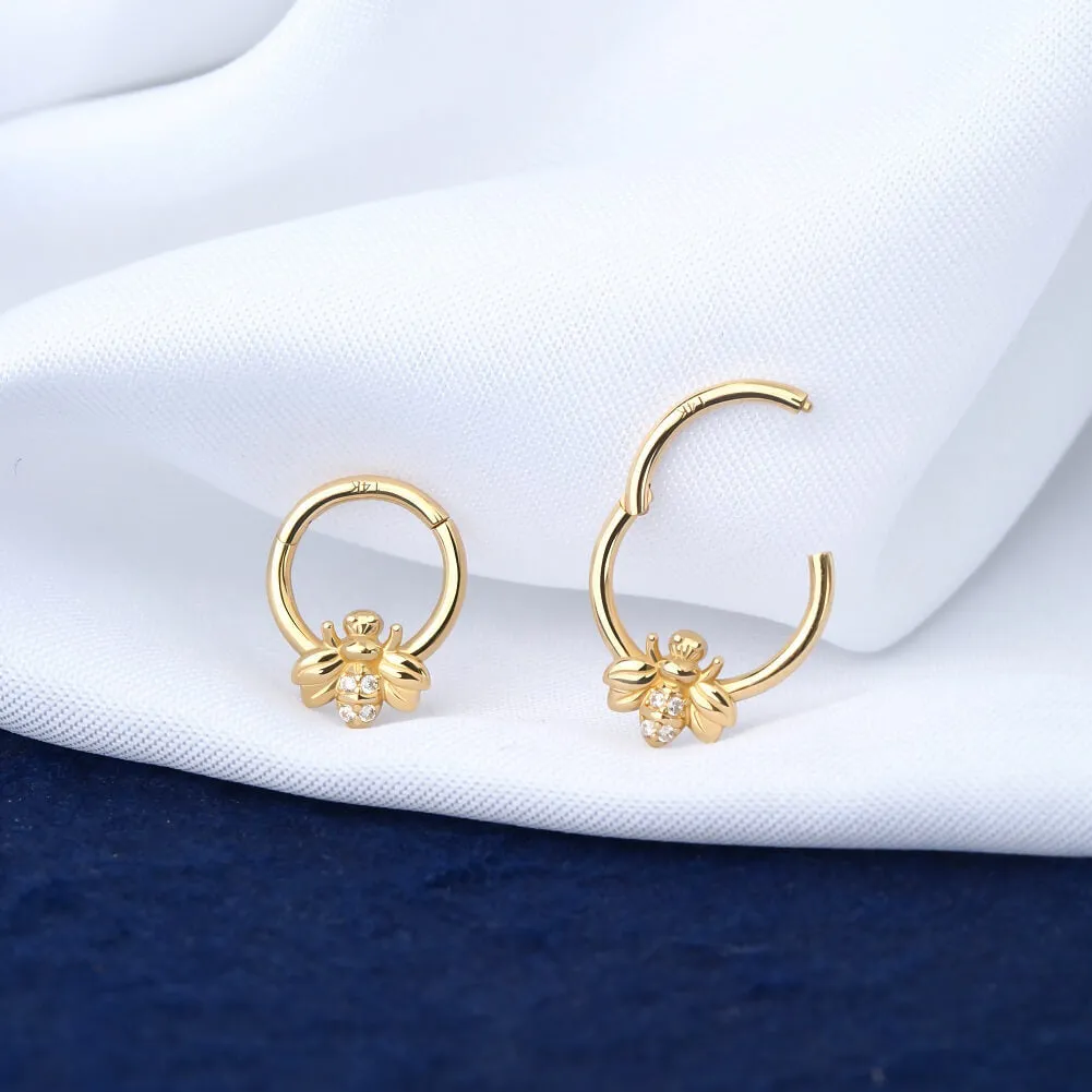 14K Gold Bee Hoop Daith Helix Tragus Earrings 16G Septum Nose Ring