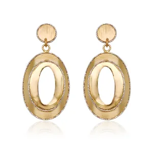 14K Gold Shiny Oval on Brushed Oval Diamond Cut Earrings