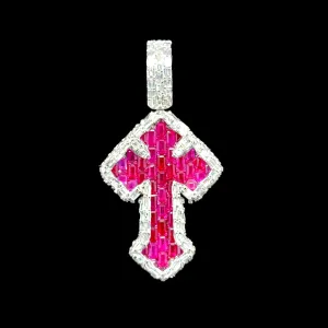 14K White Gold 2.20ct Diamond and 2.83ct Ruby Cross Pendant