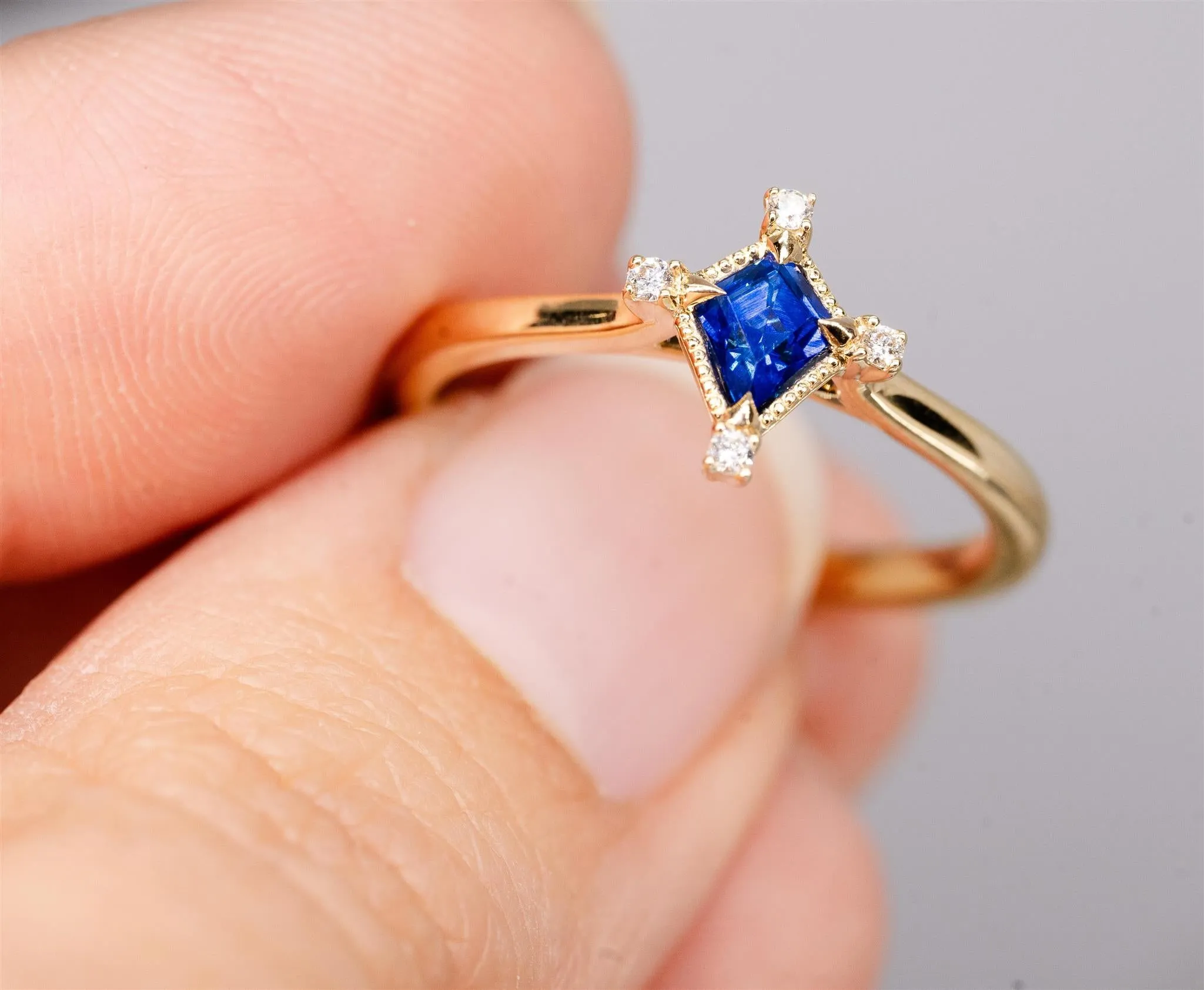 14K Yellow Gold Kite Sapphire and Diamond Ring (Custom)