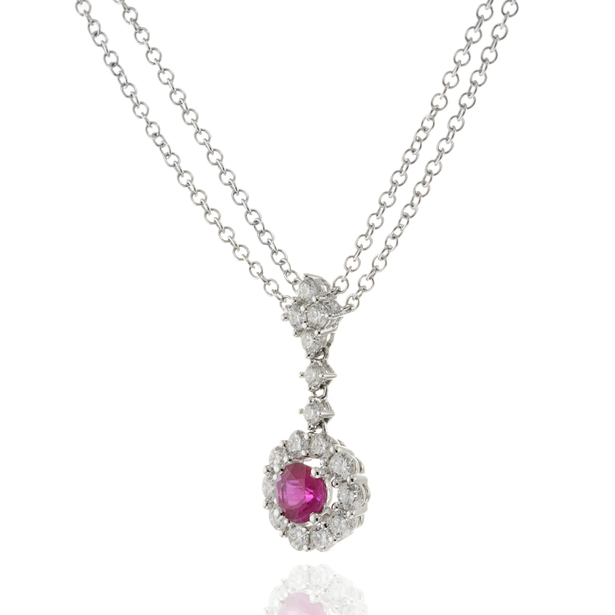 14KT White Gold Ruby Flower Cluster Drop with Diamonds and Double Chain