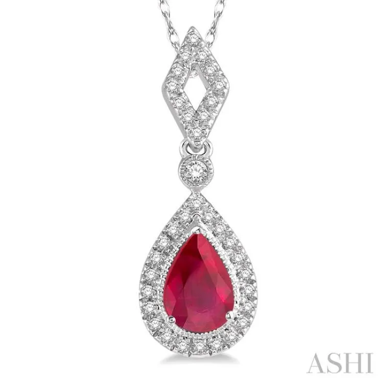 1/6 Ctw Pear Shape 6x4 MM Ruby & Round Cut Diamond Precious Pendant With Chain in 10K White Gold