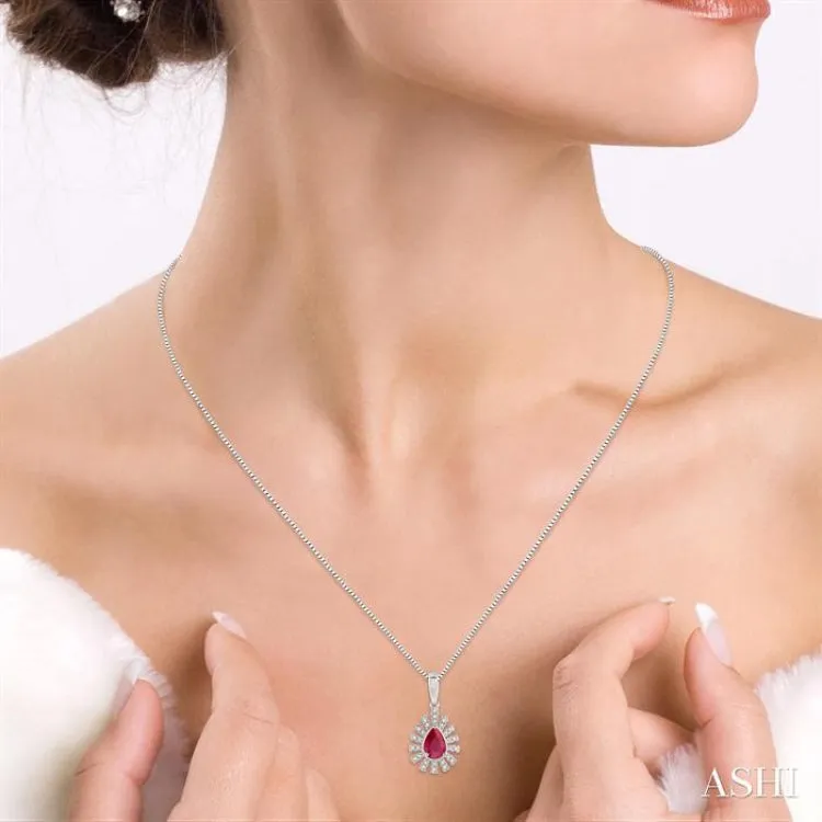 1/8 ctw Bar Accent Pear Shape 6x4mm Ruby & Round Cut Diamond Precious Pendant With Chain in 10K White Gold