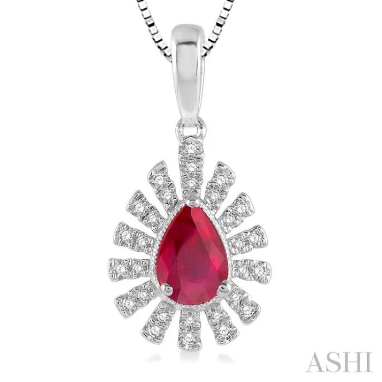 1/8 ctw Bar Accent Pear Shape 6x4mm Ruby & Round Cut Diamond Precious Pendant With Chain in 10K White Gold