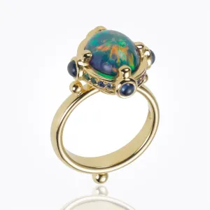 18K Magna Ring with Lightening Ridge black opal, mixed sapphire and diamond