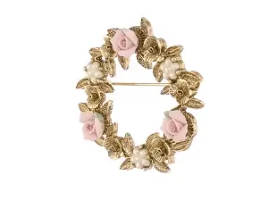 1928 Bridal Pink Porcelain Rose Wreath Brooch