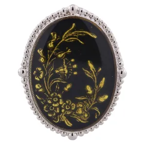 1928 Jewelry Oval Hand Enameled Black And Gold Floral Stretch Ring