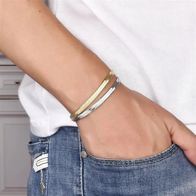 3/4/5mm Gold Plated Stainless Steel Flat Bracelet Waterproof Filmy Snake Chain for Men Women Classic Bracelets Jewellery