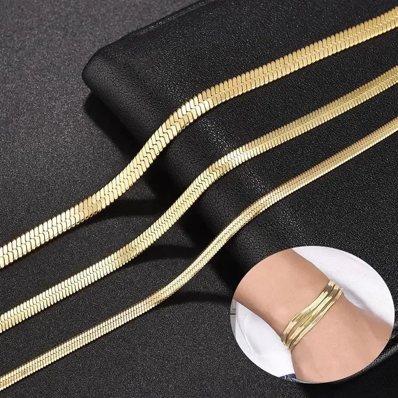 3/4/5mm Gold Plated Stainless Steel Flat Bracelet Waterproof Filmy Snake Chain for Men Women Classic Bracelets Jewellery