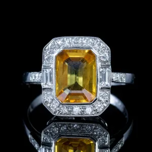 3Ct Yellow Sapphire Ring 1.20Ct Diamond 18Ct White Gold Platinum