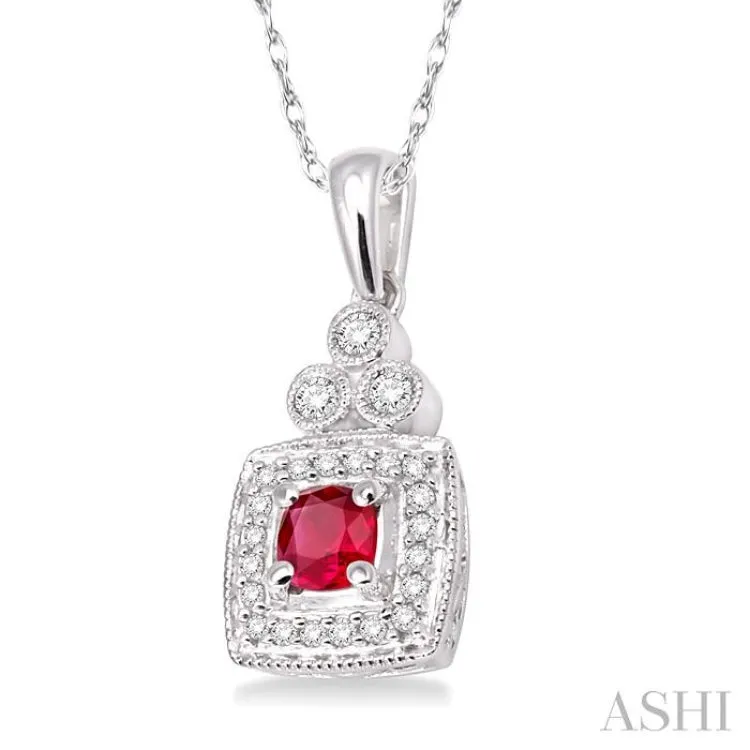 4x4MM Cushion Cut Ruby and 1/5 Ctw Round Cut Diamond Pendant in 14K White Gold with Chain