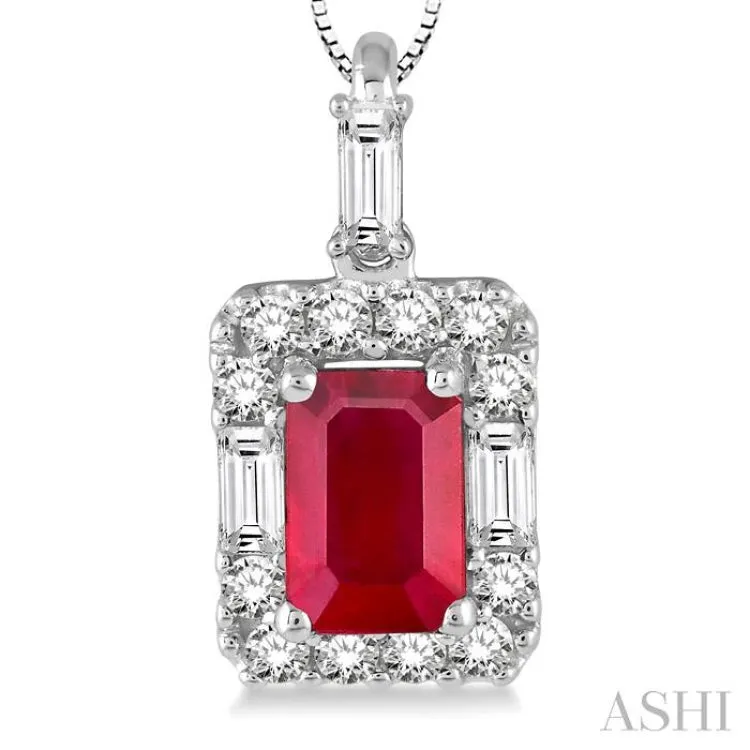 6x4 MM Octagon Cut Ruby and 1/3 Ctw Round Cut Diamond Pendant in 14K White Gold with Chain