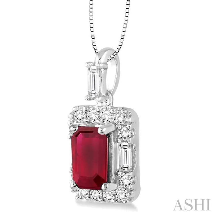 6x4 MM Octagon Cut Ruby and 1/3 Ctw Round Cut Diamond Pendant in 14K White Gold with Chain