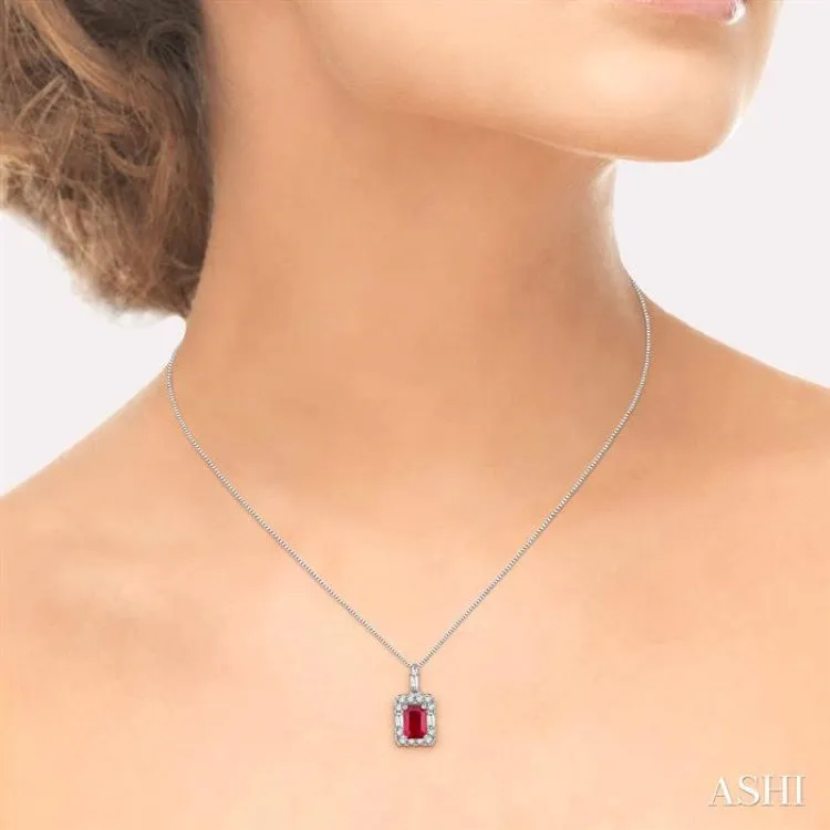 6x4 MM Octagon Cut Ruby and 1/3 Ctw Round Cut Diamond Pendant in 14K White Gold with Chain