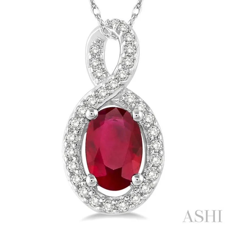 6x4 MM Oval Cut Ruby and 1/10 Ctw Round Cut Diamond Pendant in 10K White Gold with Chain