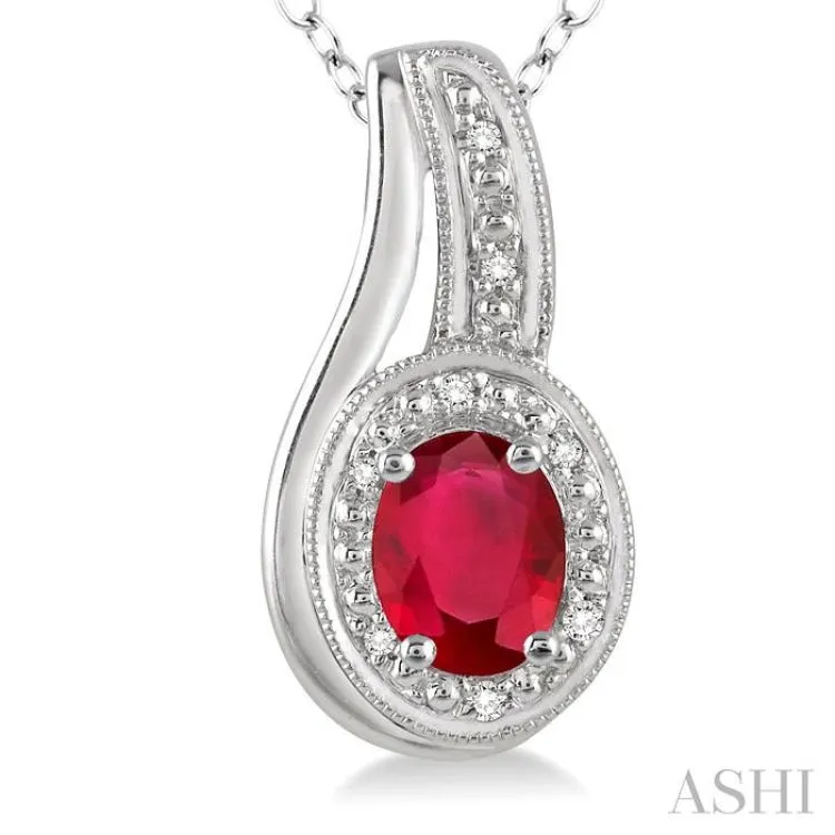 6x4 MM Oval Cut Ruby and 1/50 Ctw Round Cut Diamond Pendant in Sterling Silver with Chain