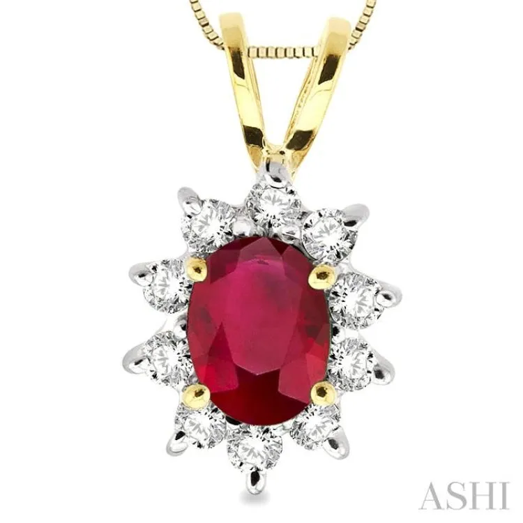 7x5MM Oval Cut Ruby and 1/3 Ctw Round Cut Diamond Pendant in 14K Yellow Gold with Chain