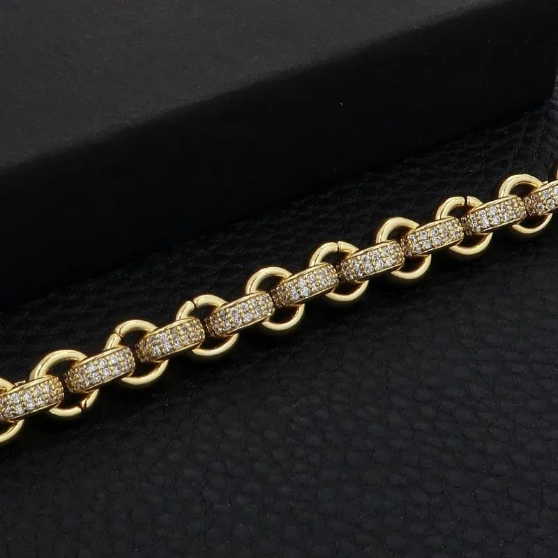 8mm Gold Belcher Bracelet CZ Stones 8/9 Inches