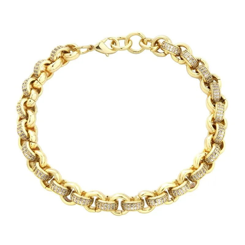 8mm Gold Belcher Bracelet CZ Stones 8/9 Inches