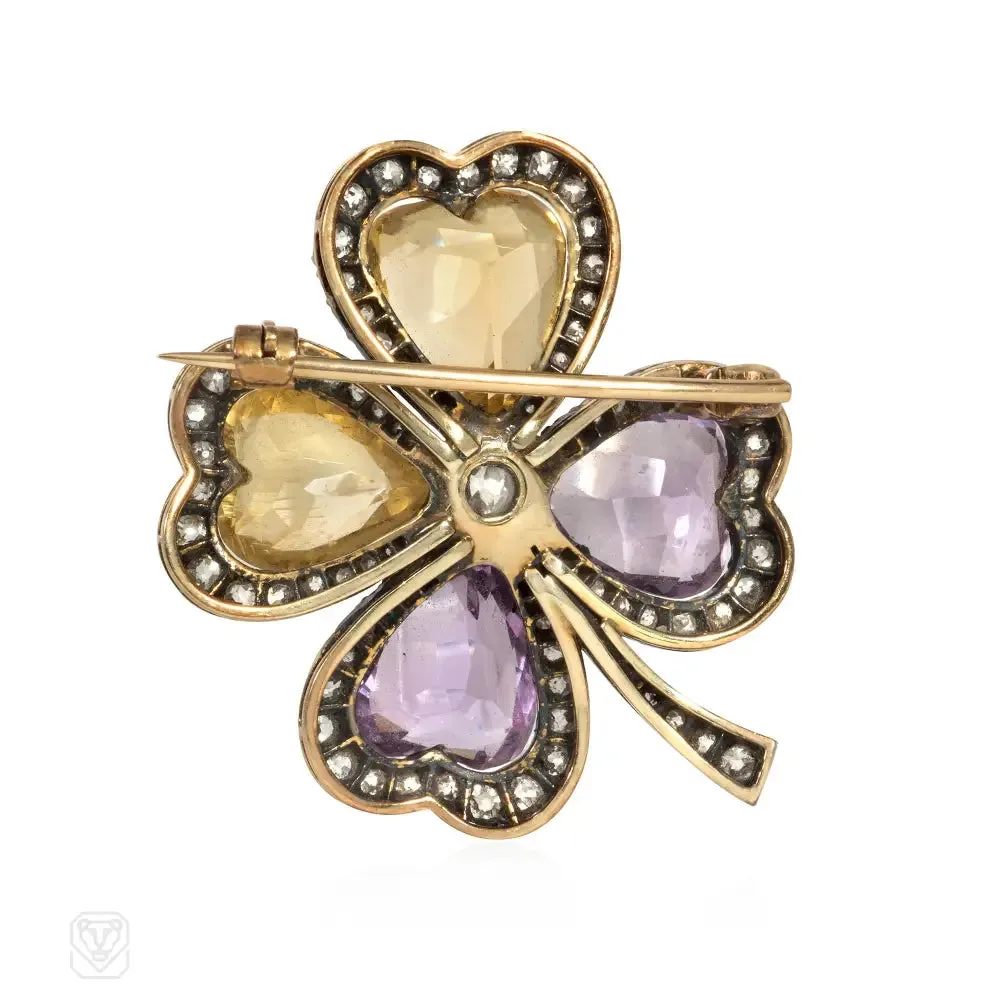 Antique amethyst, citrine, and diamond four-leaf clover brooch