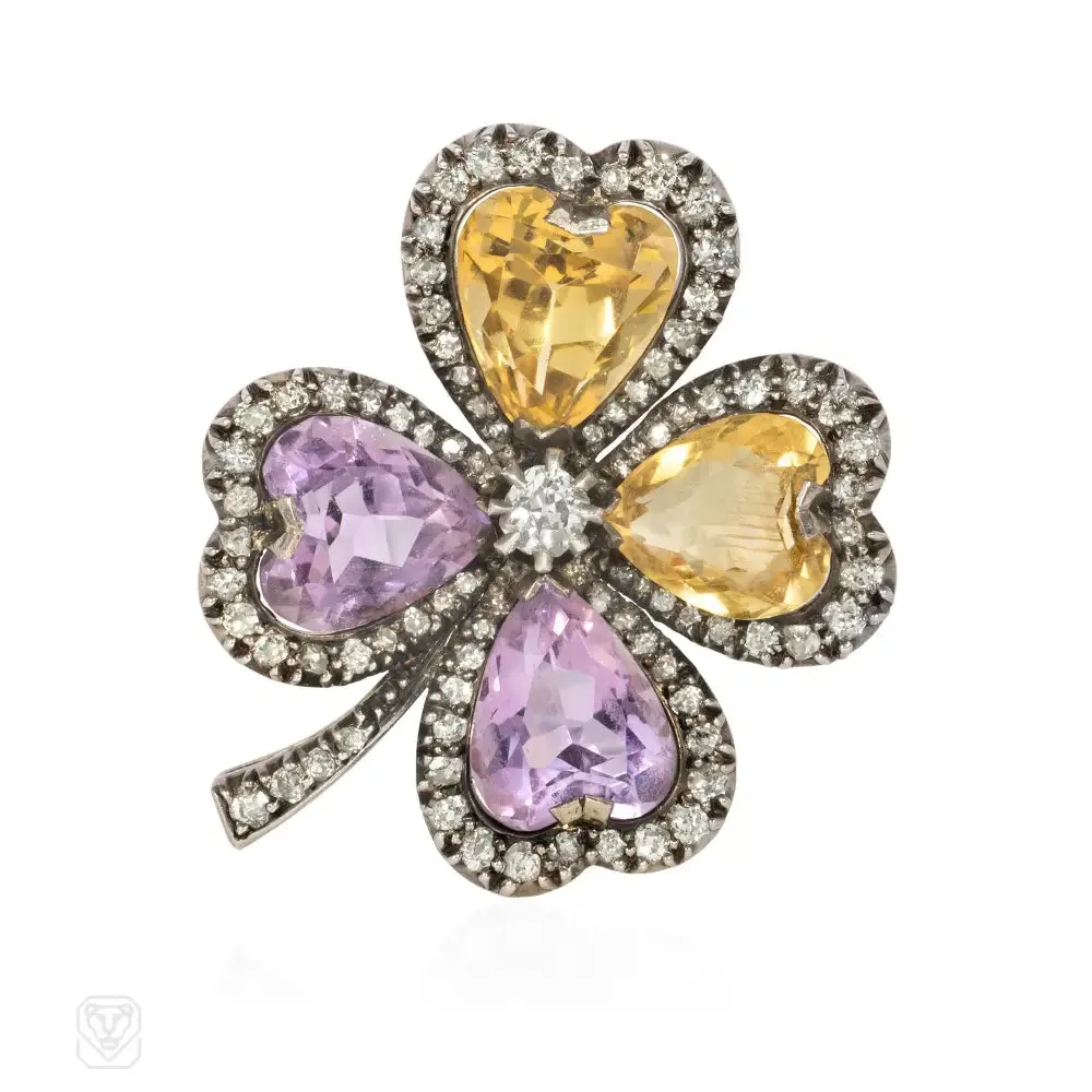 Antique amethyst, citrine, and diamond four-leaf clover brooch