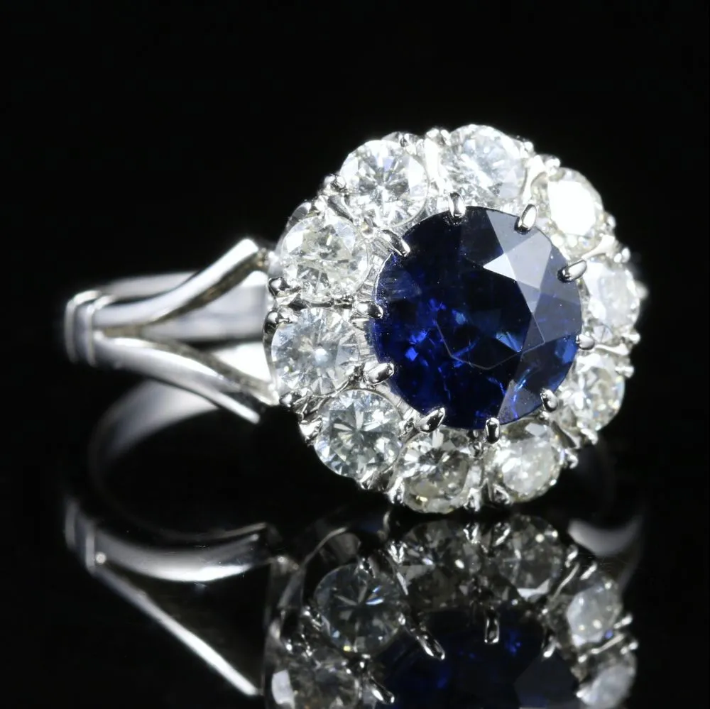 Antique Edwardian Sapphire Diamond Cluster Ring Engagement 18Ct White Gold