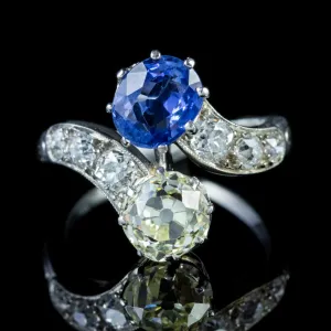 Antique Edwardian Sapphire Fancy Champagne Diamond Twist Ring Platinum Circa 1915