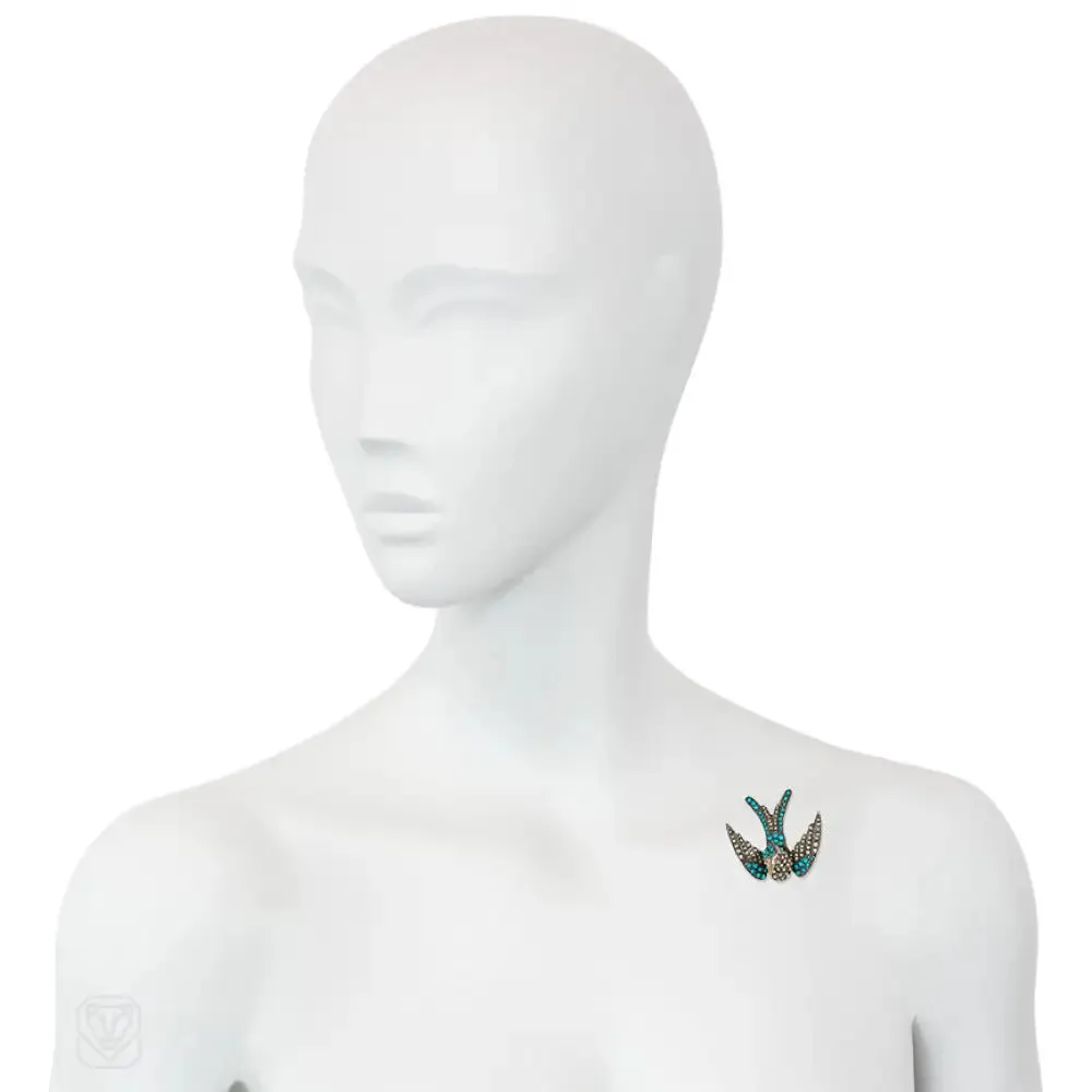 Antique silver, turquoise, and pearl swallow pin