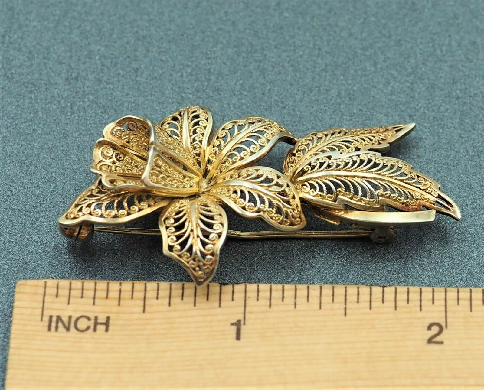 Art Nouveau Filigree Flower Brooch Sterling Silver 14ct Gold Plated Vintage