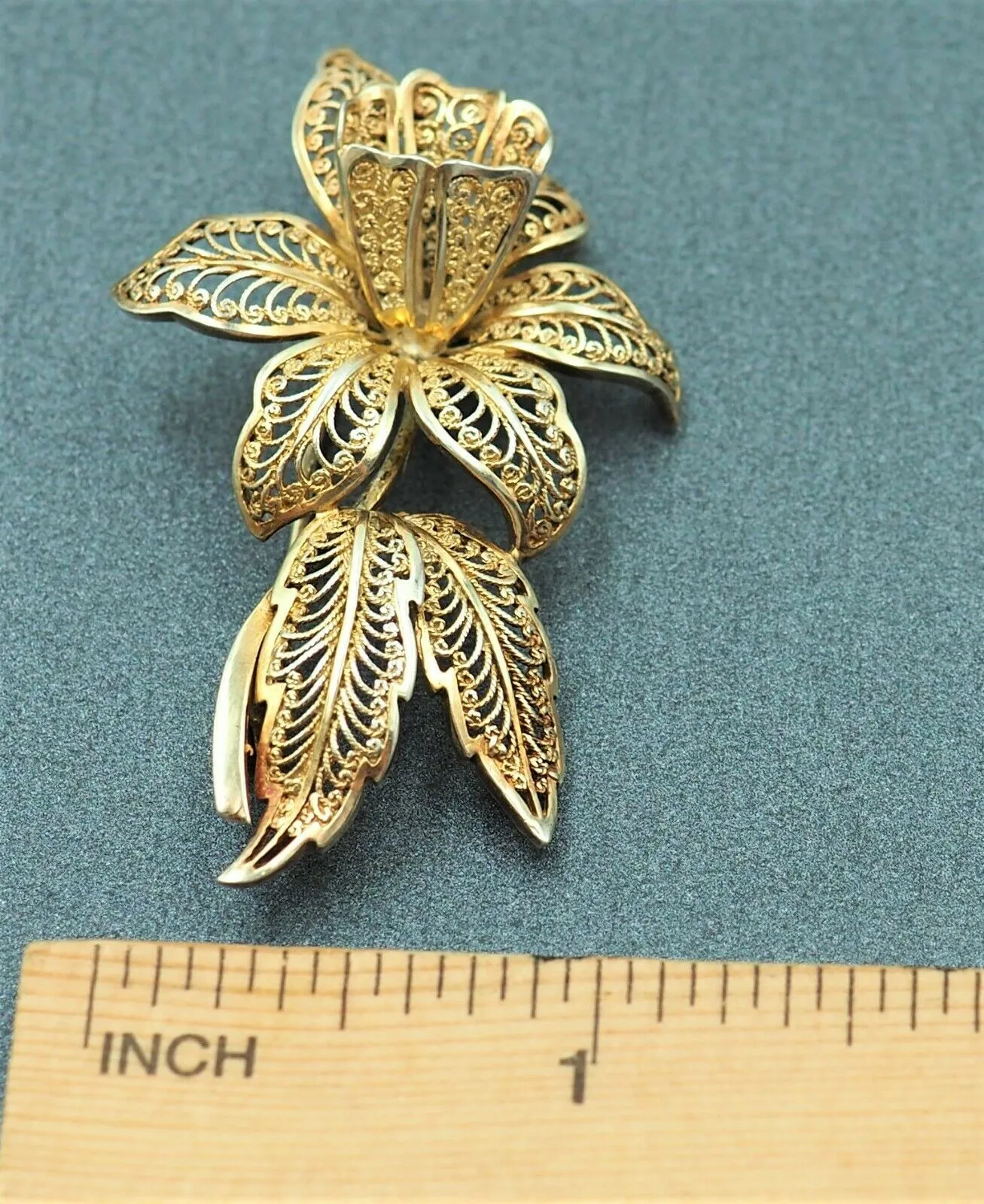 Art Nouveau Filigree Flower Brooch Sterling Silver 14ct Gold Plated Vintage