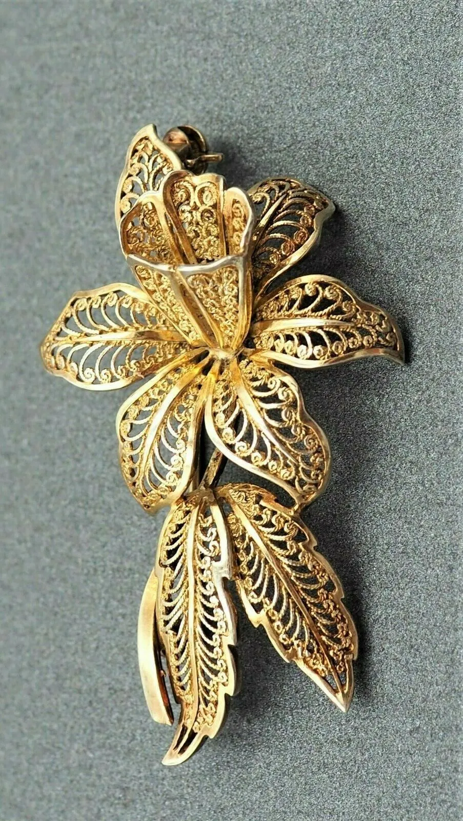 Art Nouveau Filigree Flower Brooch Sterling Silver 14ct Gold Plated Vintage