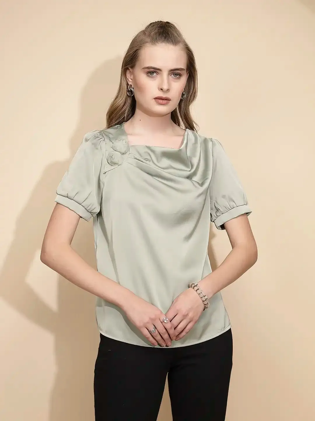 Avocado Polyester Blend Loose Fit Blouse For Women