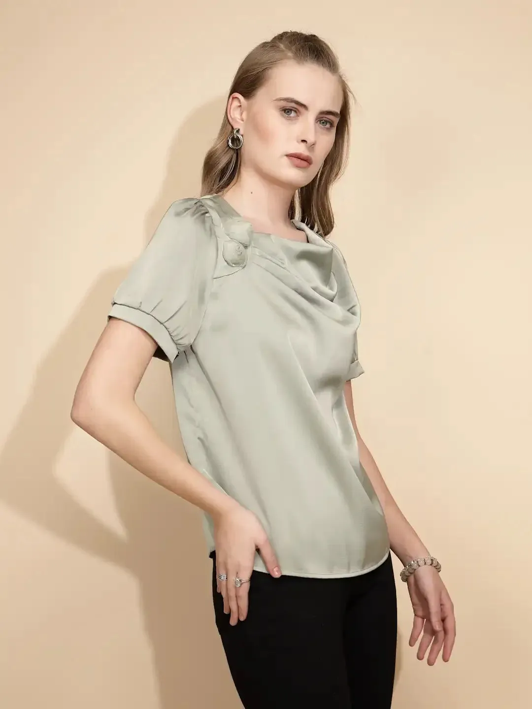 Avocado Polyester Blend Loose Fit Blouse For Women