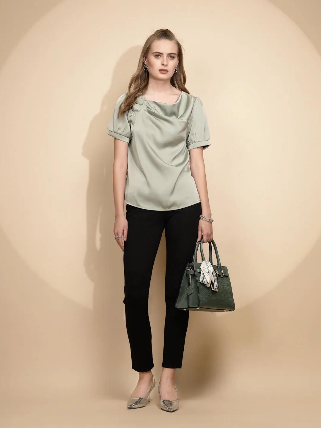 Avocado Polyester Blend Loose Fit Blouse For Women