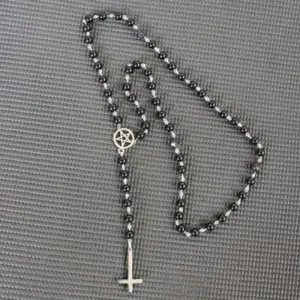 Black/Silver Rosary Necklace w/ Pentagram and Hanging Upside Down Cross Detail