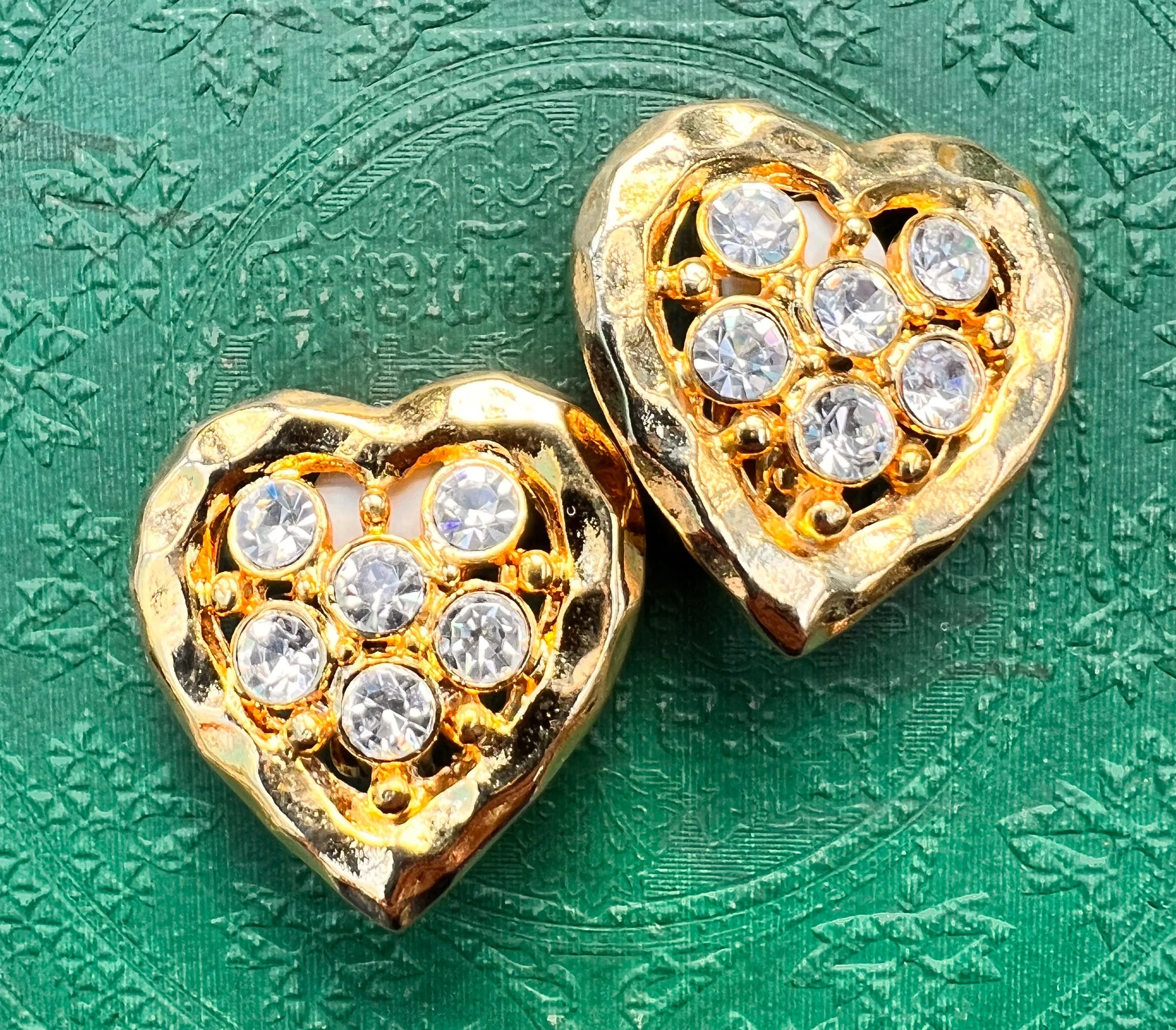 Bling Gold plated and Crystal Vintage Heart  Clip On Earrings