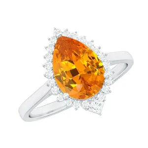 Cocktail Halo Ring with Created Orange Sapphire and Diamond