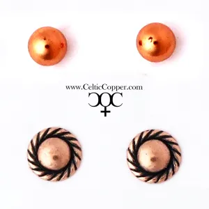 Copper Stud Earrings 2 Pair Set Round Copper Ball Studs Rope Edge Stud Earrings