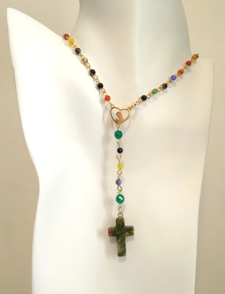 Gemstone Rosary with Ruby Zoisite Cross Necklace