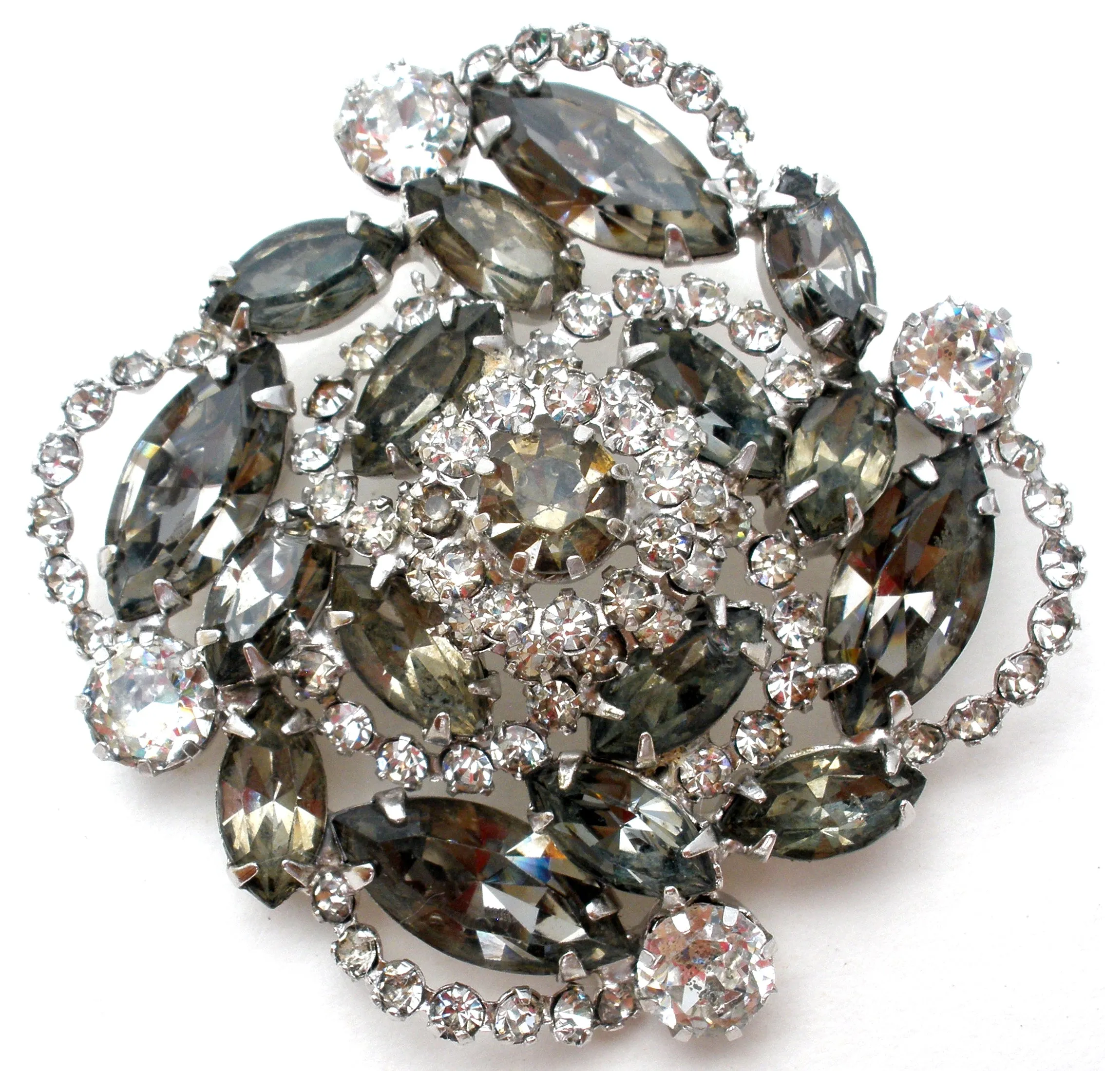 Gray & Clear Rhinestone Brooch Pin Vintage