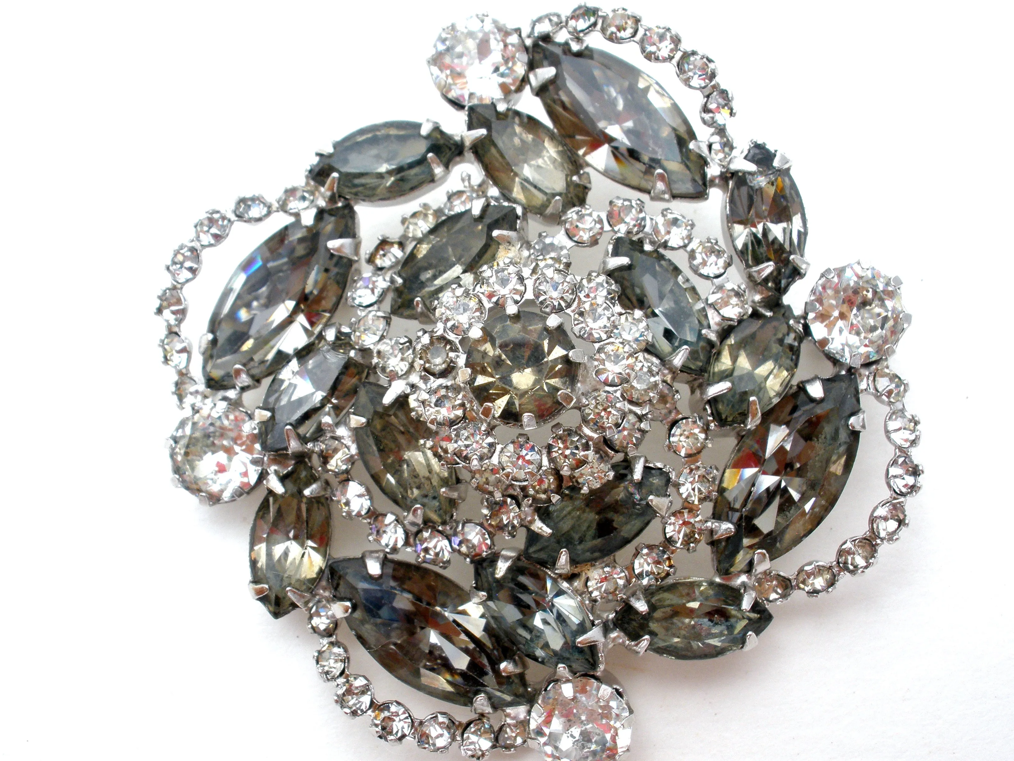 Gray & Clear Rhinestone Brooch Pin Vintage