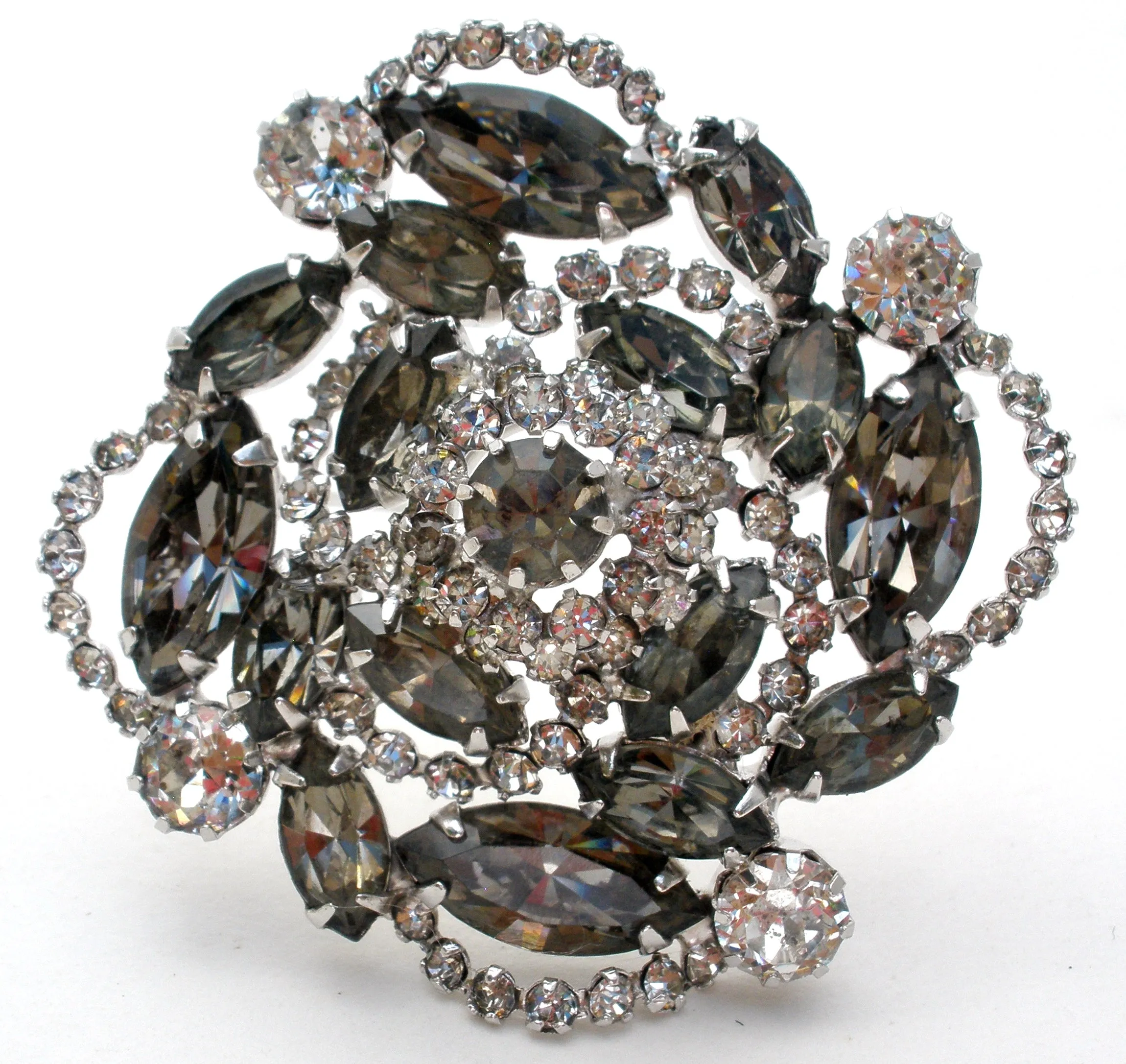 Gray & Clear Rhinestone Brooch Pin Vintage