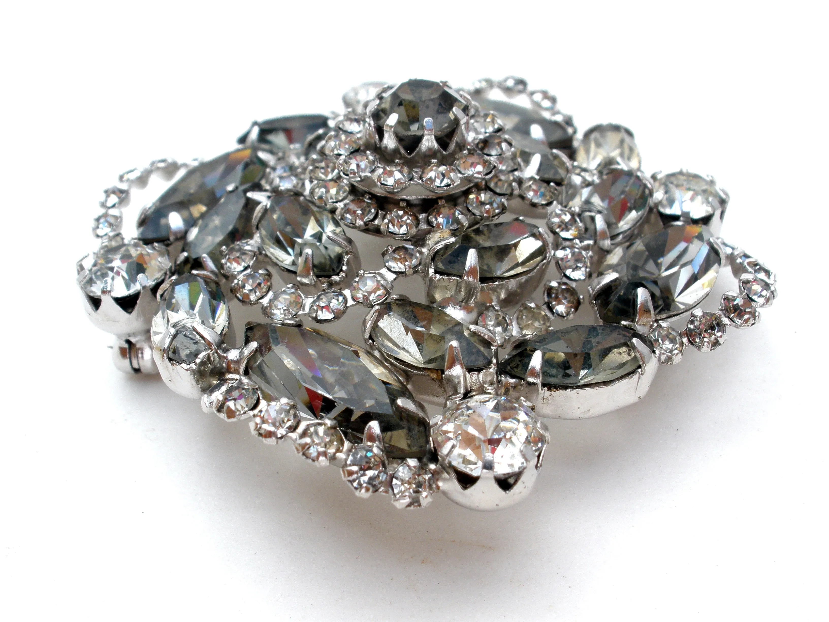 Gray & Clear Rhinestone Brooch Pin Vintage