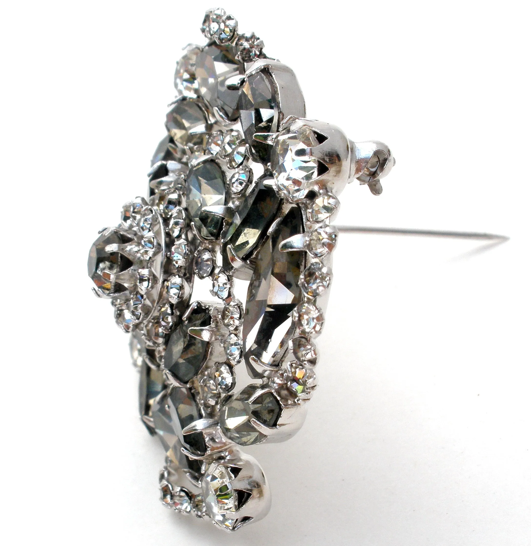 Gray & Clear Rhinestone Brooch Pin Vintage