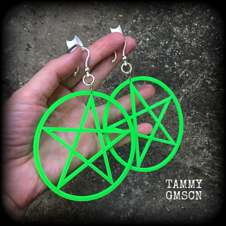 Green cybergoth oversized pentagram earrings