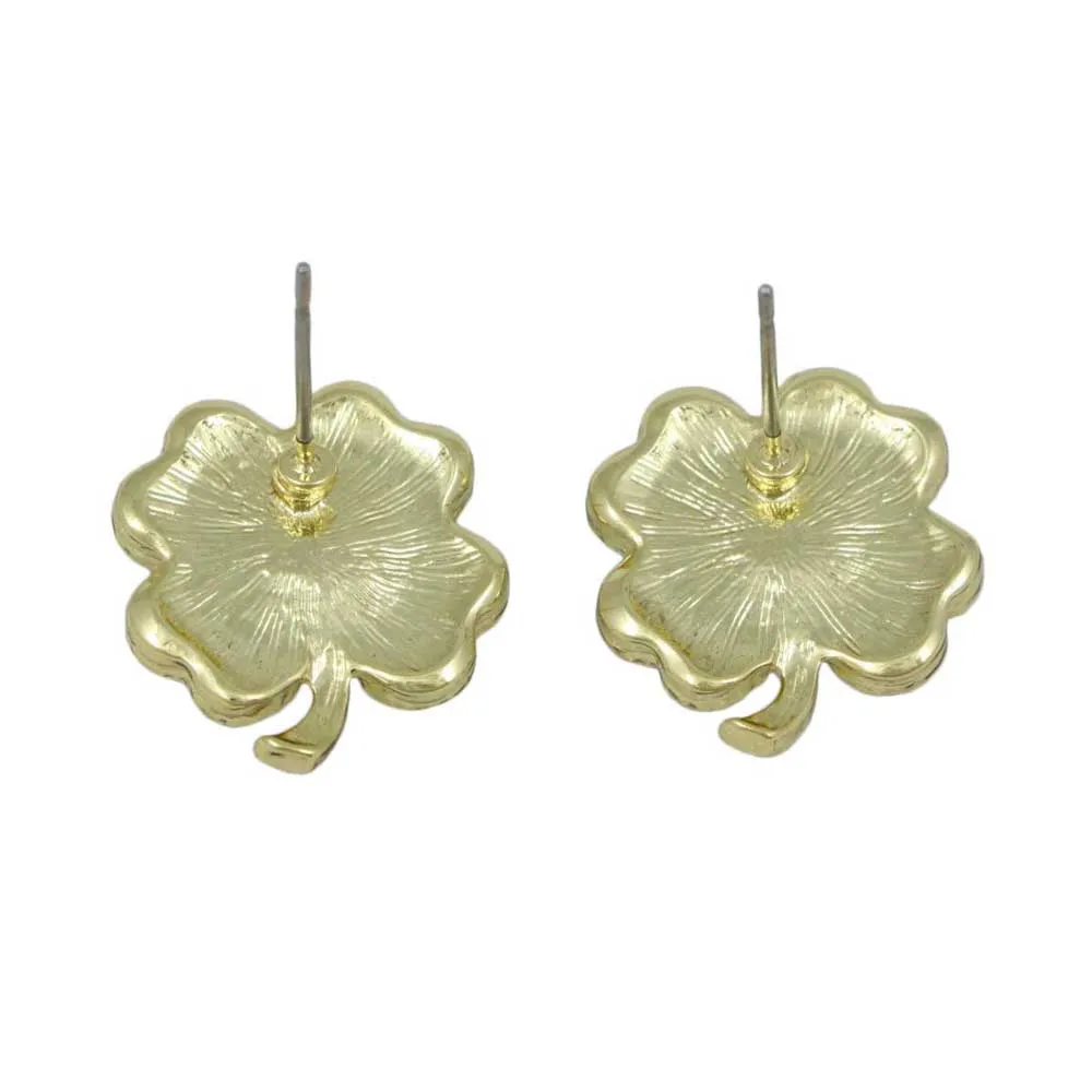 Green Enamel Lucky 4 Leaf Clover Pierced Earring - FE115