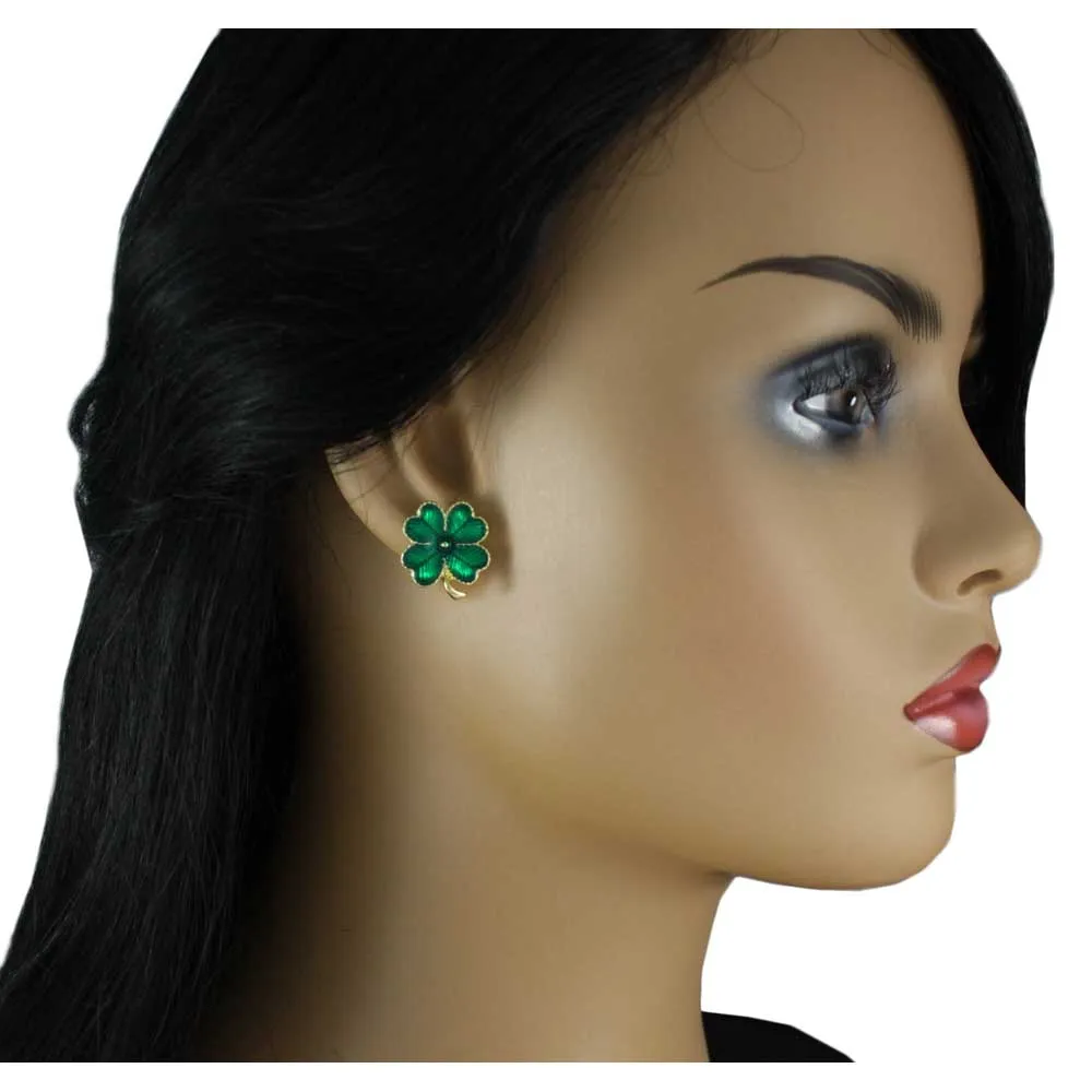 Green Enamel Lucky 4 Leaf Clover Pierced Earring - FE115